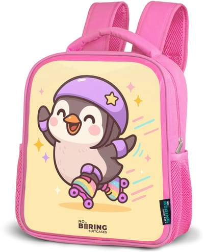 NoBoringSuitcases.com® - Rugzak roze - Schooltas meisjes - Kawai - Pinguin - Rolschaatsen - Kinder rugtas meisje - Boekentas kind - Kinderrugzak voor school - Schoolrugzak