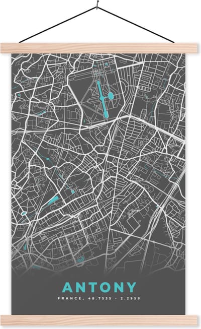 Posterhanger incl. Poster 40x60 cm - Schoolplaat - Antony - Kaart - Plattegrond - Stadskaart - Frankrijk - Textielposter - Blanke latten - Stadskaart
