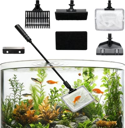5-in-1 aquariumreinigingsset met platte borstel, hoekborstel, algenschraper en visnet voor zoet- en zoutwaterbakken, ideaal voor onderhoud en schoonmaak van aquaria