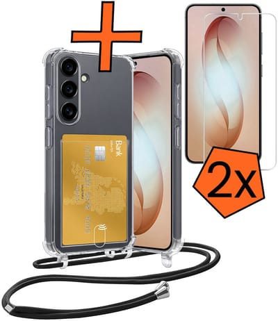 Hoesje Geschikt voor Samsung S26 Hoesje Met Telefoonketting Pasjeshouder Shockproof Case Met 2x Screenprotector Koord - Hoesje Geschikt voor Samsung Galaxy S26 Hoes Met Kaarthouder - Transparant