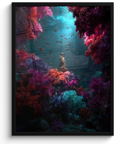 Poster in lijst - Fotolijst 60x80 cm - Posters - Standbeeld - Zeebodem - Koraal - Kleurrijk - Posterlijst zwart - Decoratie - Wanddecoratie woonkamer - Muurdecoratie slaapkamer