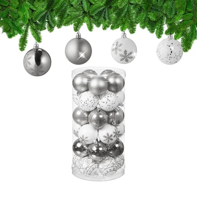 kerstballen set van 30 - kunststof - Ø 6 cm - mat - glanzend - met glitters - zilver