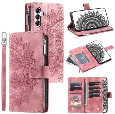 Telefoonhoesje geschikt voor Samsung Galaxy A57 5G - Portemonnee met rits - book-case hoesje - ruimte voor 8 pasjes - mandala roze