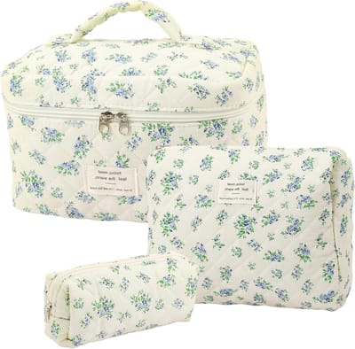 Make-up Tas Set - Toilettas Dames - Reizen Organiseren - Zachte Katoen Stof - 3 Delig - Blauw Bloemen