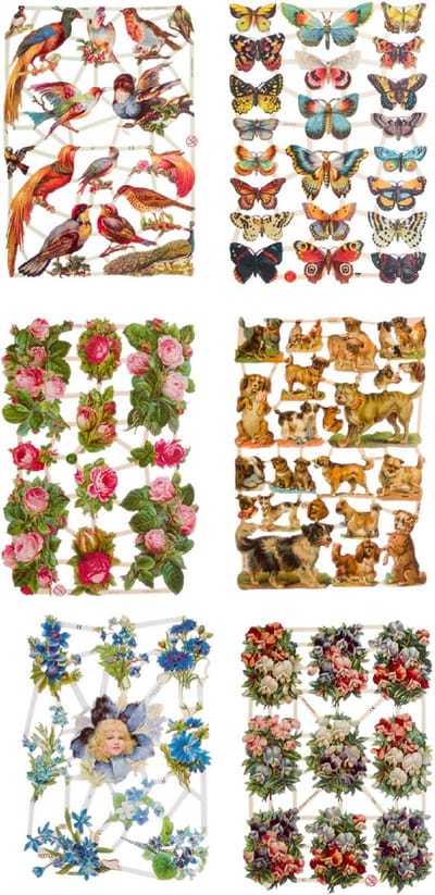 Poëzieplaatjes - 6 vellen - Plaatjes - Vogels - Vlinders - Bloemen - Honden - Poëziealbum - hobby - creatief - bulletjournaal - vriendenboek - dagboek - decoupage - knutselen - scrapbook