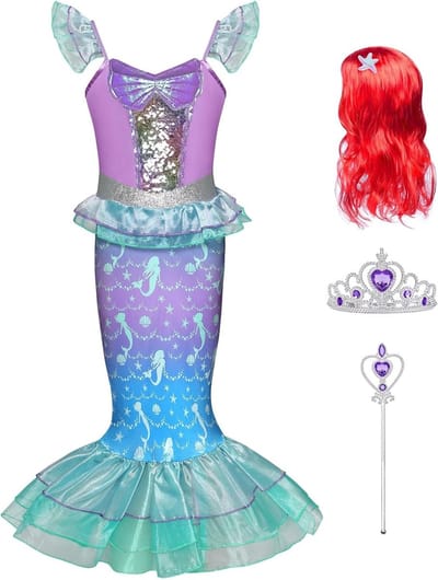 Betoverende zeemeermin kostuum voor kinderen, prinsessen jurk met pruik, kroon en toverstok, ideaal voor Halloween en carnaval
