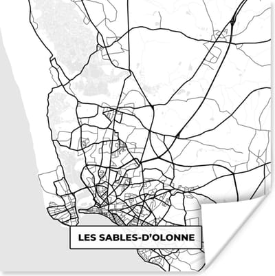 Poster Frankrijk - Kaart - Les Sables-D'olonne - Plattegrond - Stadskaart - Zwart wit - 100x100 cm XXL
