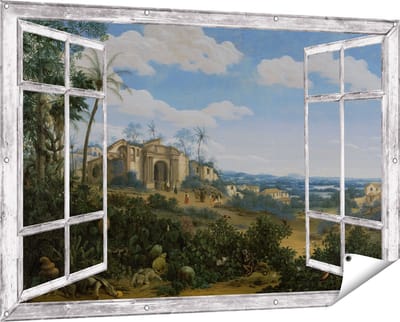 Gards Tuinposter Doorkijk Gezicht op Olinda, Brazilië - Frans Jansz. Post - 150x100 cm - Tuindoek - Tuindecoratie - Wanddecoratie buiten - Tuinschilderij