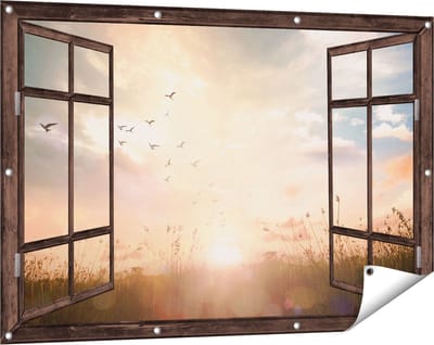 Gards Tuinposter Doorkijk Silhouet Vogels tijdens Zonsopkomst - 120x80 cm - Tuindoek - Tuindecoratie - Wanddecoratie buiten - Tuinschilderij