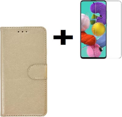 Geschikt voor Samsung Galaxy A71 / A71s Hoes Wallet Book Case Cover Pearlycase Goud + Screenprotector Tempered Gehard Glas