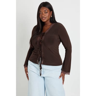 boohoo Dames Plus Top Met Kanten Afwerking, Strikdetail En Lange Mouwen | Chocoladebruin | Maat: 44