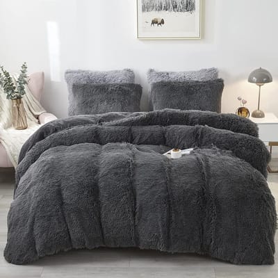 Pluche beddengoedset, 200 x 200 cm, donkergrijs, warm, winter, wollig, flanel, dekbedovertrek voor meisjes, dekbedovertrek met ritssluiting en 2 kussenslopen, 80 x 80 cm, tweepersoonsbed