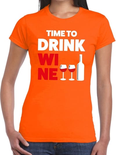 Time to Drink Wine tekst t-shirt oranje dames - dames shirt Time to Drink Wine - oranje kleding XS