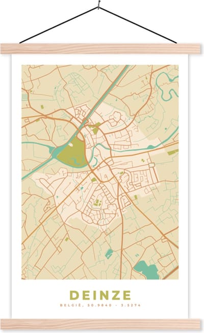 Posterhanger incl. Poster 40x60 cm - Schoolplaat - Kaart - Deinze - Plattegrond - Vintage - Stadskaart - Textielposter - Blanke latten - Stadskaart