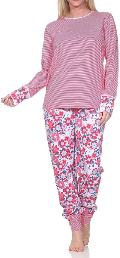 Normann damespyjama lange mouwen met manchetten, gestreepte top - ook in grote maten