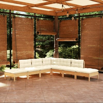 vidaXL - 7-delige - Loungeset - met - crèmekleurige - kussens - grenenhout
