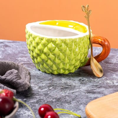 Creatieve Grappige Durian Beker Reliëf Durian Patroon Mok Hoog Uitziende Keramische Beker Gepersonaliseerde Waterbeker Koppelbeker 400Ml [60/box] white