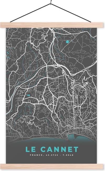 Posterhanger incl. Poster 40x60 cm - Schoolplaat - Le Cannet - Frankrijk - Plattegrond - Stadskaart - Kaart - Textielposter - Blanke latten - Stadskaart