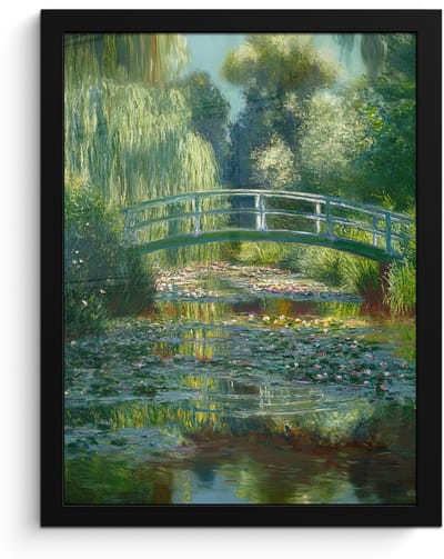 Poster in lijst - Fotolijst 30x40 cm - Posters - Brug - Hout - Vijver - Waterlelies - Posterlijst zwart - Decoratie - Wanddecoratie woonkamer - Muurdecoratie slaapkamer