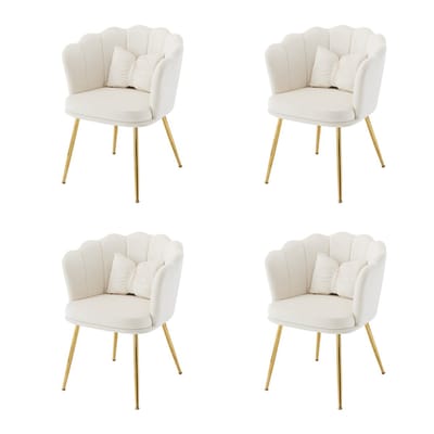 YEHTOKHOME Velvet Eetkamerstoelen set van 4 met armleuning, Bureaustoel, Make-upstoel, Ergonomisch, Fauteuil, Fluwelen stoel met bloemblad-rugleuning, Vergulde metalen poten, Vlinderkussens, Beige