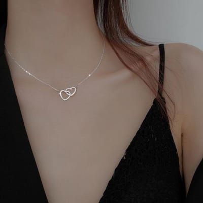 Colliers double cœur pour femmes, pendentif en acier inoxydable, chaîne dorée, collier en forme de cœur, bijoux de mariage, cadeau pour femme 45cm gray