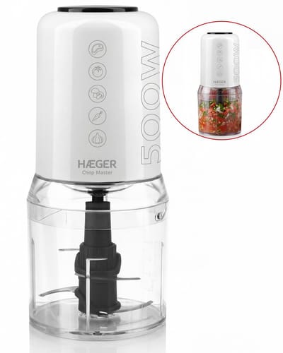 Haeger Hakmolen Electrisch Chop Master - 4 Messen - Afneembare Messen - 500W - 500ml - 2 Snelheden - Food Chopper - Wit
