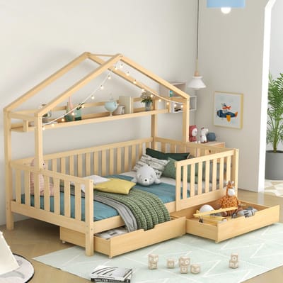MEUNIQ Kinderbed huisbed 90x200 cm met 2 lades, lattenbodem, uitvalbeveiliging en opbergplank, grenenhout en MDF, eenpersoons bedframe voor kinderkamer, naturel