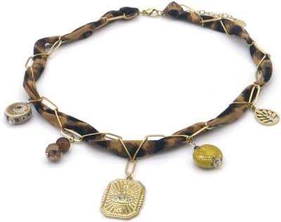 Ketting - stof met RVS bedels - 40-45cm - dames - sieraden - uniek - trendy - cadeau