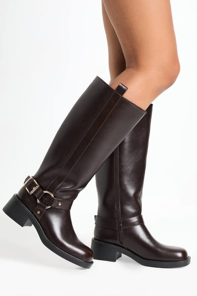 boohoo Dames Chunky vierkante teen kniehoge laarzen | Chocoladebruin | Maat: 37