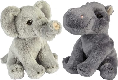 Ravensden - Safari dieren knuffels - 2x stuks - Olifant en Nijlpaard - 15 cm