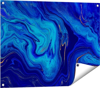 Gards Tuinposter Abstracte Kunst - Blauw met Gouden Verf - 80x60 cm - Tuindoek - Tuindecoratie - Wanddecoratie buiten - Tuinschilderij