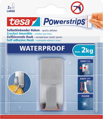 Tesa RVS haak - 2x - waterproof Powerstrips - Ophanghaken - Verwijderbaar - Opplakken - keuken - badkamer - powerstrips