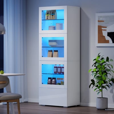 OKWISH Vitrinekast - Moderne Hoogglans Kast Met LED En Glazen Planken - 3 Deuren - 1 Lade - 60x40x173 cm - MDF - Wit