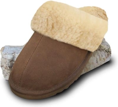 Lederen instap pantoffels dames en heren gevoerd met lamswol maat 36 kleur bruin camel en naturel binnenkant