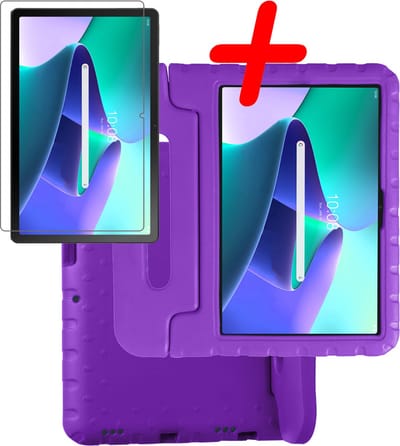 Hoesje Geschikt voor Lenovo Tab M10 Plus (3e / 3rd Generatie) - Met Screenprotector - Kinderhoes Shockproof Bumper - Kidsproof Case - Tablet Hoes - Kinder Hoes Cover - Paars