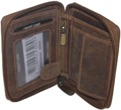 Oi Hunter bruine leren billfold zeer compact afsluitbaar / klein rits portemonneetje / zeer handzaam maar compleet beursje volledig afgesloten met rits / RFID safe / bruin leer / 274H