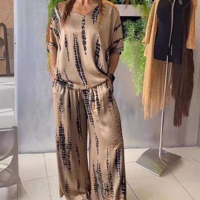 Dames Lange Mouwen Bloemenprint Vakantie Losse Pakset 4XL brown