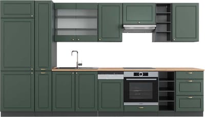 Vicco Fame-Line Complete keukeneenheid – 355 cm, WB Eik Groen-Goud Landhuis/Antraciet