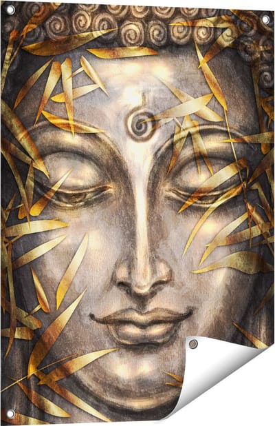 Gards Tuinposter Boeddha Beeld met Gouden Bladeren - 60x80 cm - Tuindoek - Tuindecoratie - Wanddecoratie buiten - Tuinschilderij
