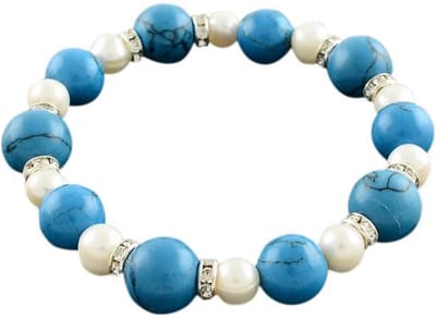Zoetwater parel armband Bling Pearl W Turquoise - echte parels - turkoois - wit - stras steentjes - zilver - elastisch - luxe sieraden zakje - parel armband dames - zoetwaterparel - elastisch parel armband