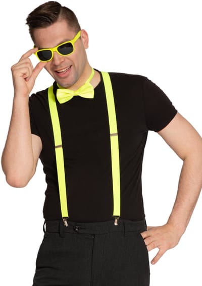Partychimp Verkleed Set Bretels/Bril/Strik Voordeelverpakking 6 Stuks voor bij Carnavalskleding Heren Carnavalskleding Dames Carnaval Accessoires Verkleedaccessoires Volwassenen Foute Party Neon Party - Neon Geel - 6 Stuks