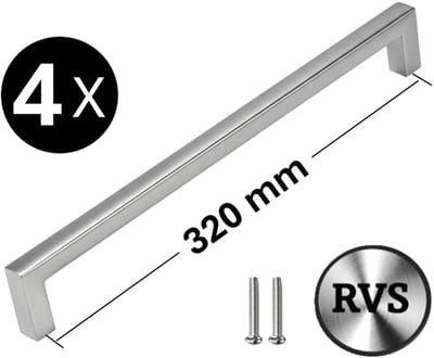 4 X MSQDESIGN - Lange RVS Handgreep (Groot) - 320mm - zilvere Handgrepen kast - Meubelgrepen zilver - Keukengreep RVS - Kastgrepen - Handgrepen keukenkastjes - Meubelgreep - Handgrepen voor deurtjes - handgreep keuken - Deurgreep - incl schroeven