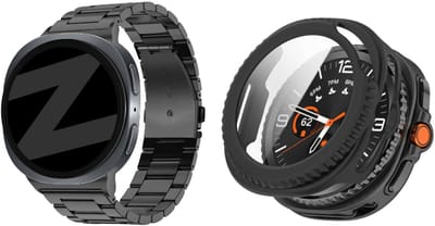 Bandz Bundel – RVS Schakelband ‘Classic’ – Zwart – (inclusief Inkortset) + Hard Case met Screenprotector Glas – Zwart – geschikt voor Samsung Galaxy Watch 8 Classic (46mm)