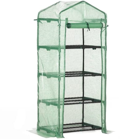 Mini Kas met Roldeuren - Tuinkas - 4 etages - Foliekas - Broeikas - Met Planken - Koude Bak - Kweekkas - Tomatenkas - Groentekas - Plantenkas - voor Groenten, Bloemen, Planten - 70x50x160 cm - Donkergroen