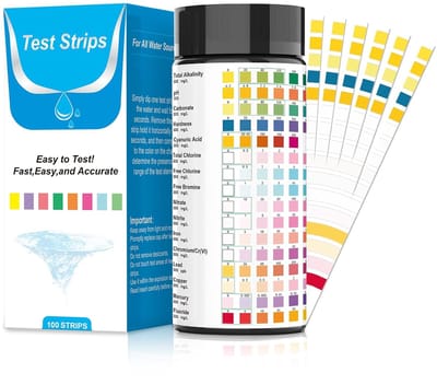 Teststrips - Waterkwaliteitsteststrips - 100 strips - 16-in-1 - Geschikt voor het testen van zwembadwater, badwater, vijverwater en drinkwater - Bevat teststrips voor diverse indicatoren zoals hardheid, pH-waarde, lood, ijzer, koper restchloor - Wit