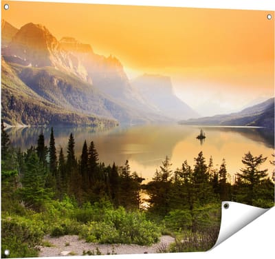 Gards Tuinposter Bergen met een Meer in Nationaal Park Glacier - 100x80 cm - Tuindoek - Tuindecoratie - Wanddecoratie buiten - Tuinschilderij