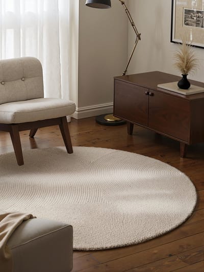 Flycarpets Calmio Rond Wollen Vloerkleed Crème - Laagpolig - Japandi / Scandinavisch - Ø 120 cm rond