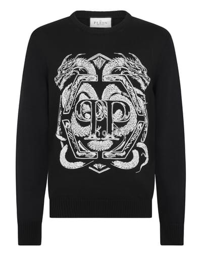 Embroidered Merino Wool Round Neck Pullover Hexagon Dragon