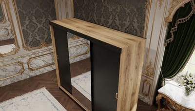 Schuifdeurkast Casa Velluto RetroLux 200 – Elegante Garderobekast met Spiegel, Grote Multifunctionele Kledingkast, Moderne Huiskamerkast Eiken Ambacht Goud + Zwart 200x205x59 cm