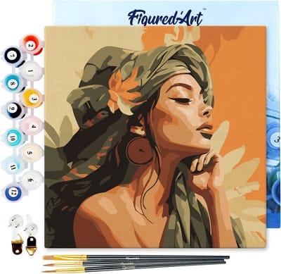 Figured'Art Mini Schilderen op Nummer Volwassenen 20x20cm met lijst Vrouw in Afrikaanse Tulband - Klein Formaat Creatieve Hobby Kit DIY Art Nummer Compleet